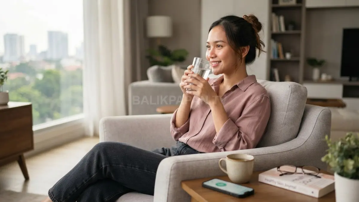 Aktivitas minum air putih dan istirahat cukup membantu proses regenerasi kulit secara alami. (BTV/AI)