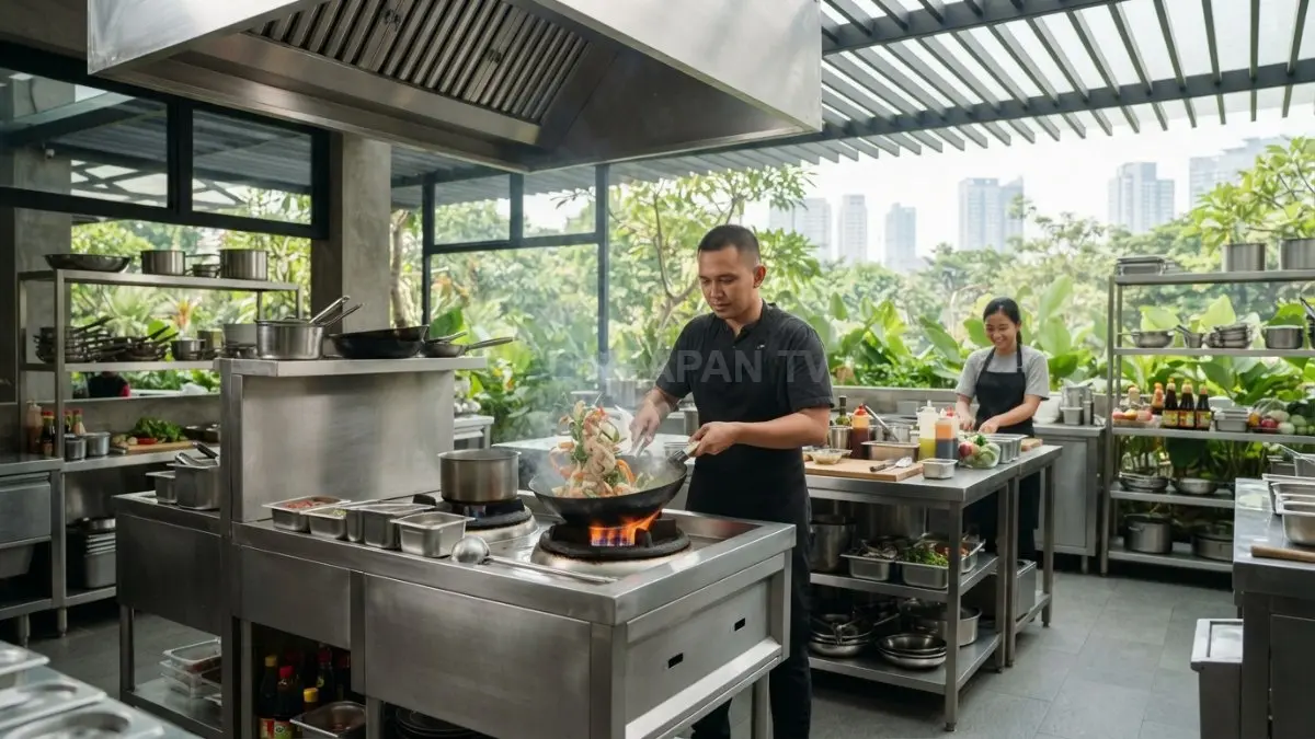  Area memasak semi-outdoor menggunakan material stainless steel serta ventilasi terbuka untuk memperlancar sirkulasi udara. (BTV/AI)