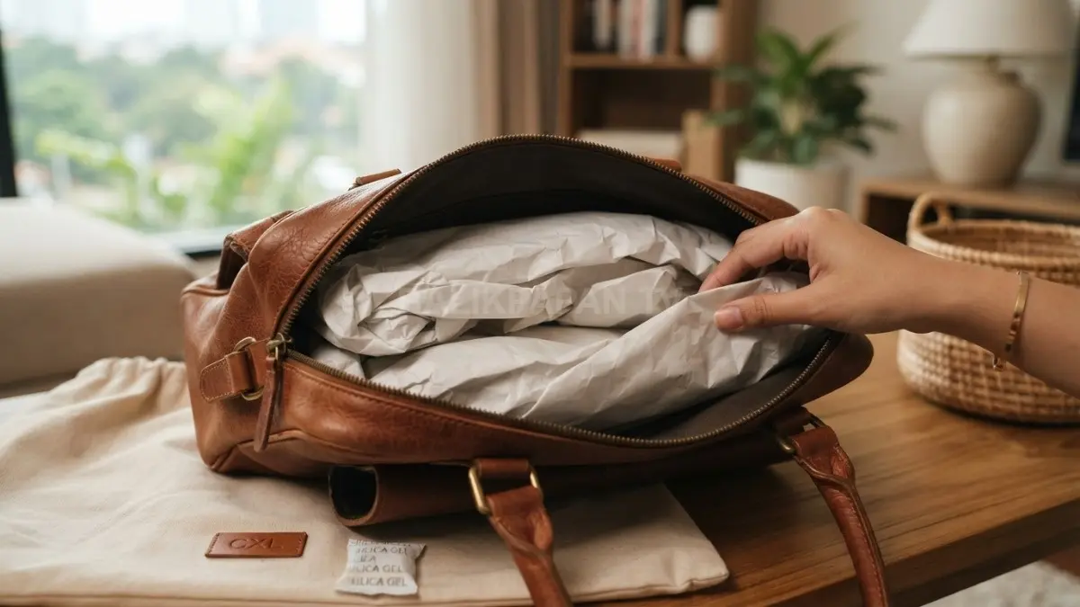 Bagian dalam tas kulit diisi tissue bebas asam untuk mempertahankan bentuk selama penyimpanan. (BTV/AI)