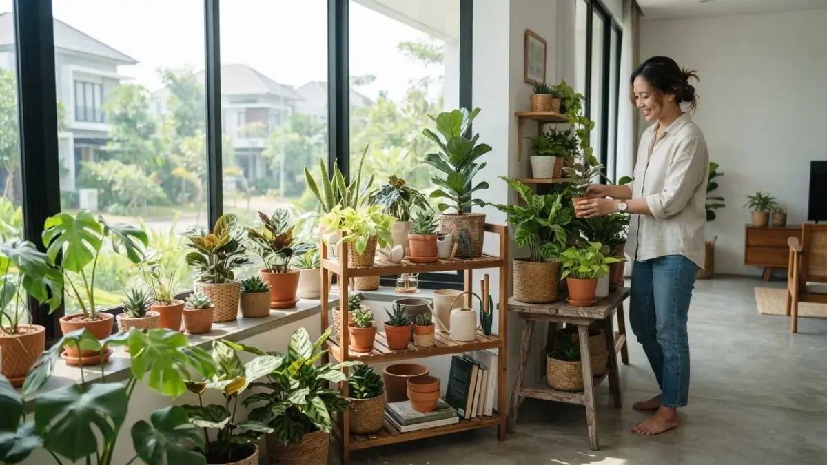 Beragam tanaman hias indoor tersusun rapi di sudut rumah dengan pencahayaan alami dan sirkulasi udara yang baik. (BTV/AI)