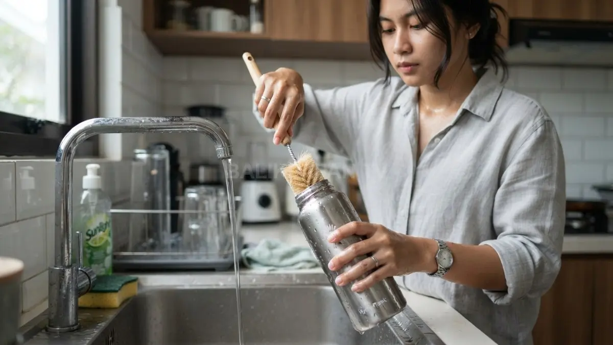 berikan gambar Seseorang mencuci botol minum stainless steel menggunakan sikat khusus untuk menjaga kebersihan dan kualitas air minum (BTV/AI)
