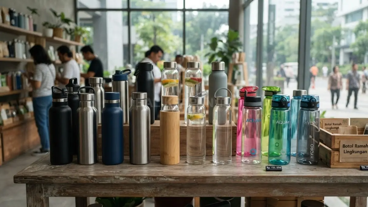 Botol minum berbagai bahan seperti stainless steel, kaca, dan BPA Free tersusun rapi di tempat yang teduh. (BTV/AI)
