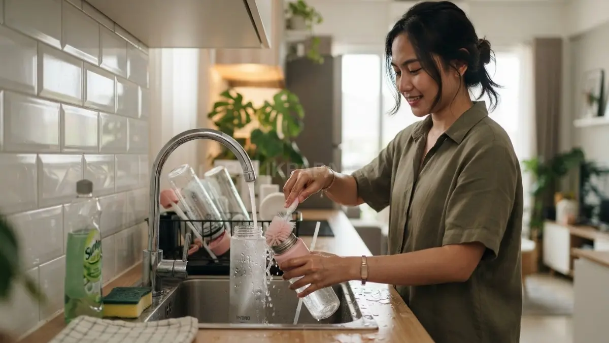 Botol minum dikeringkan sempurna dan disimpan di tempat bersih demi menjaga kualitas air tetap higienis (BTV/AI)