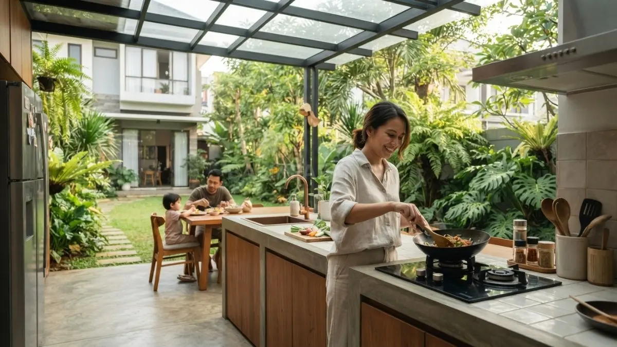 Dapur semi-outdoor memanfaatkan lahan efisien dengan sirkulasi udara alami dan akses nyaman menuju rumah ideal (BTV/AI)