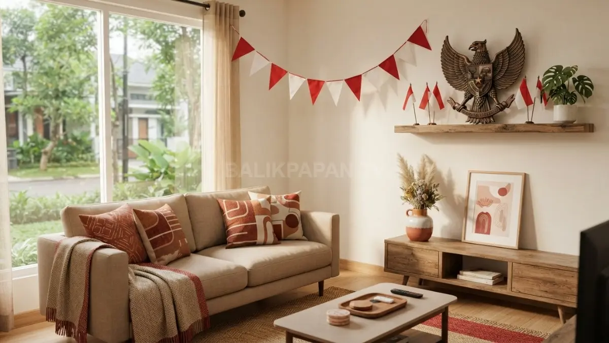 Dekorasi ruang tamu memadukan merah bata, putih gading, beige, dan kayu menghadirkan nuansa kemerdekaan elegan modern. (BTV/AI)