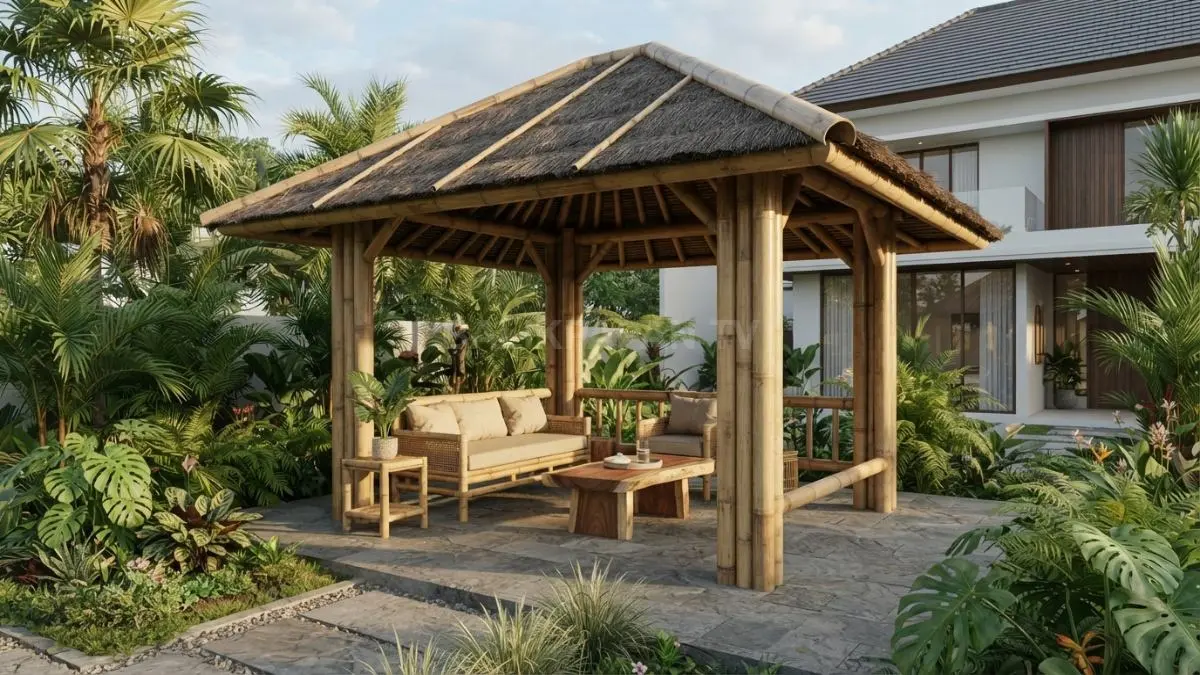 Desain gazebo minimalis kubus modern sangat cocok untuk memaksimalkan lahan terbatas di perkotaan. (BTV/Ai)