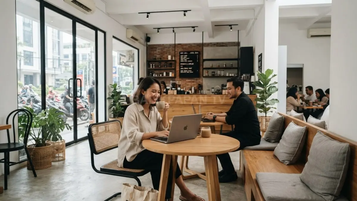 Desain kafe minimalis monokrom memadukan warna netral, kayu, dan rotan menciptakan suasana modern nyaman elegan (BTV/AI)
