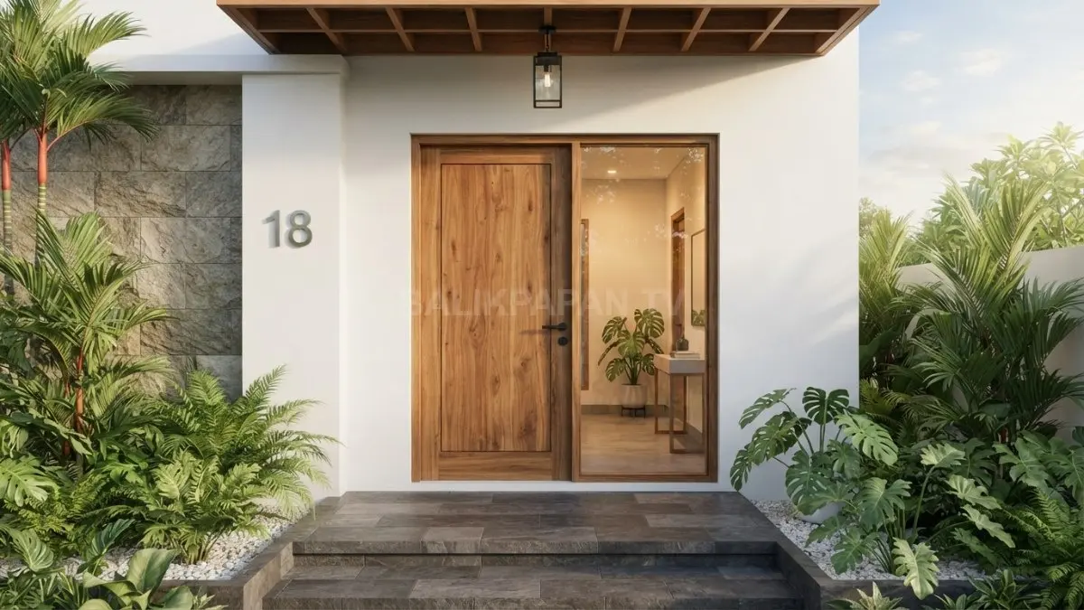 Desain pintu kayu dengan panel kaca cocok melengkapi rumah minimalis maupun hunian bergaya tropis bersama keluarga. (BTV/AI)