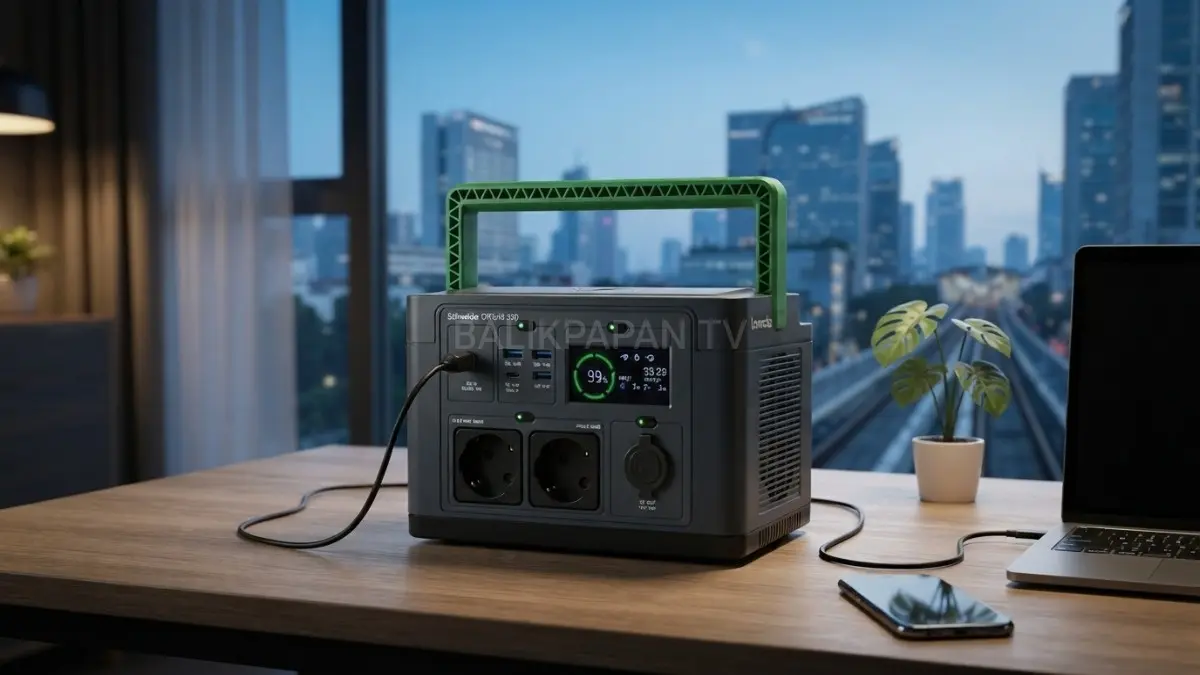 Detail panel depan unit daya portabel premium yang menampilkan layar indikator digital baterai dan deretan port konektivitas lengkap. (BTV/AI) 