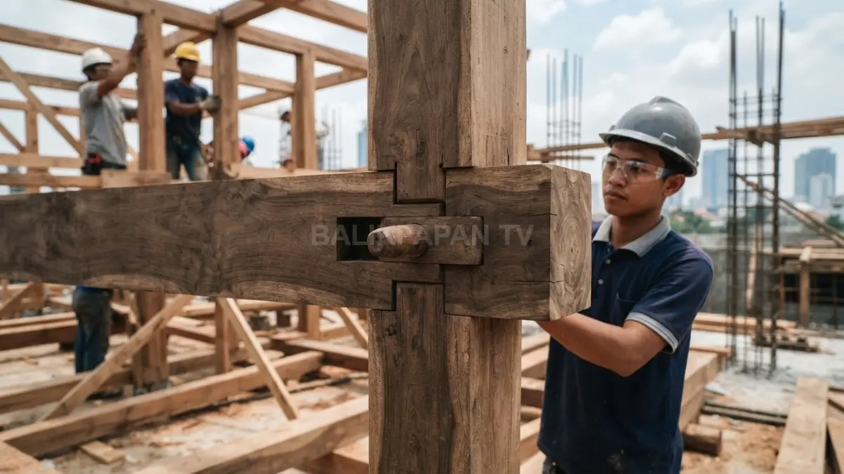 Detail sambungan pasak kayu tanpa paku yang membantu bangunan mengikuti getaran tanah saat gempa.