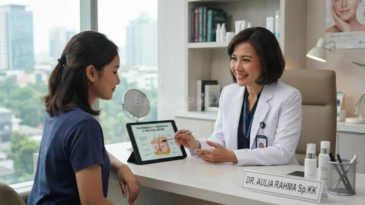  Dokter kulit menjelaskan penyebab produksi minyak berlebih pada wajah saat konsultasi perawatan kulit. (BTV/AI)