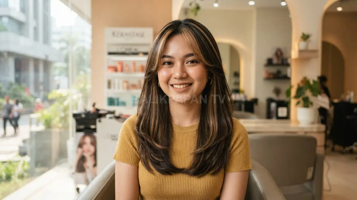 Face framing highlight membantu wajah bulat tampak proporsional dengan sentuhan warna rambut yang elegan modern (BTV/AI)
