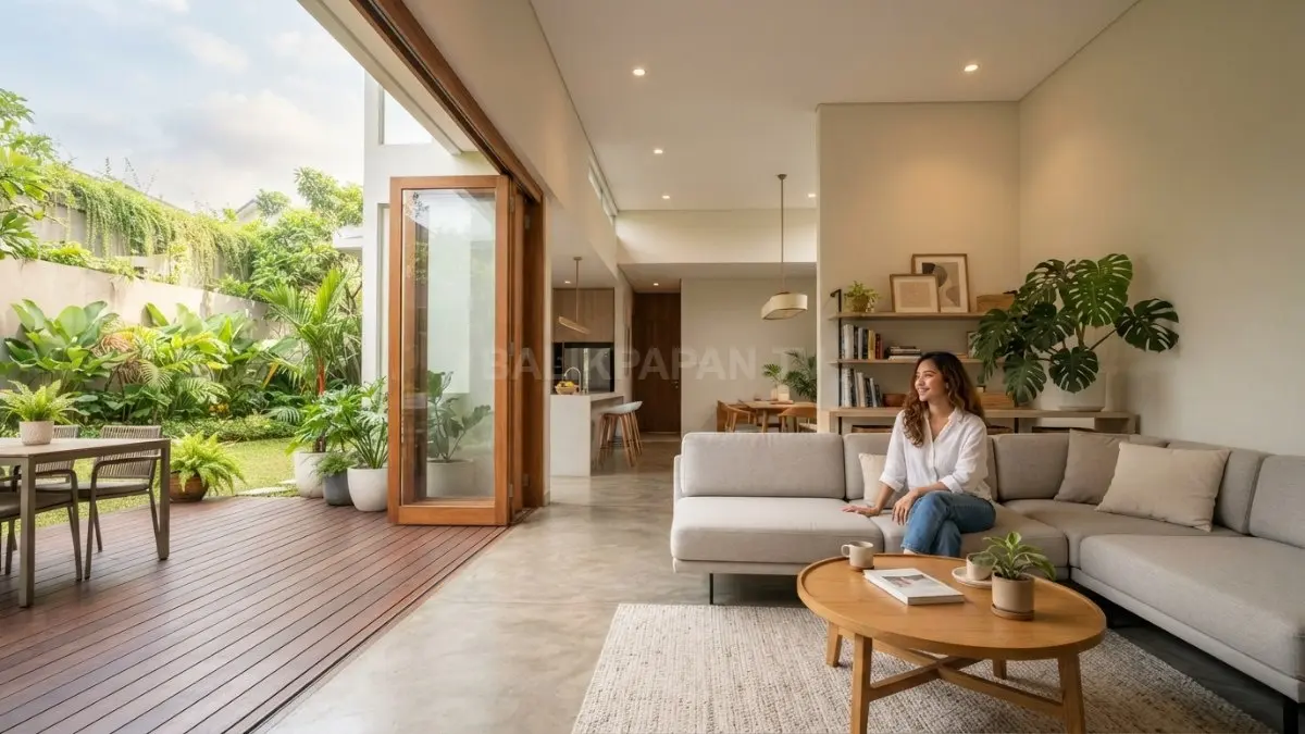 Folding door kaca dan kayu menciptakan ruang yang fleksibel, terang, serta nyaman digunakan setiap hari bersama. (BTV/AI)