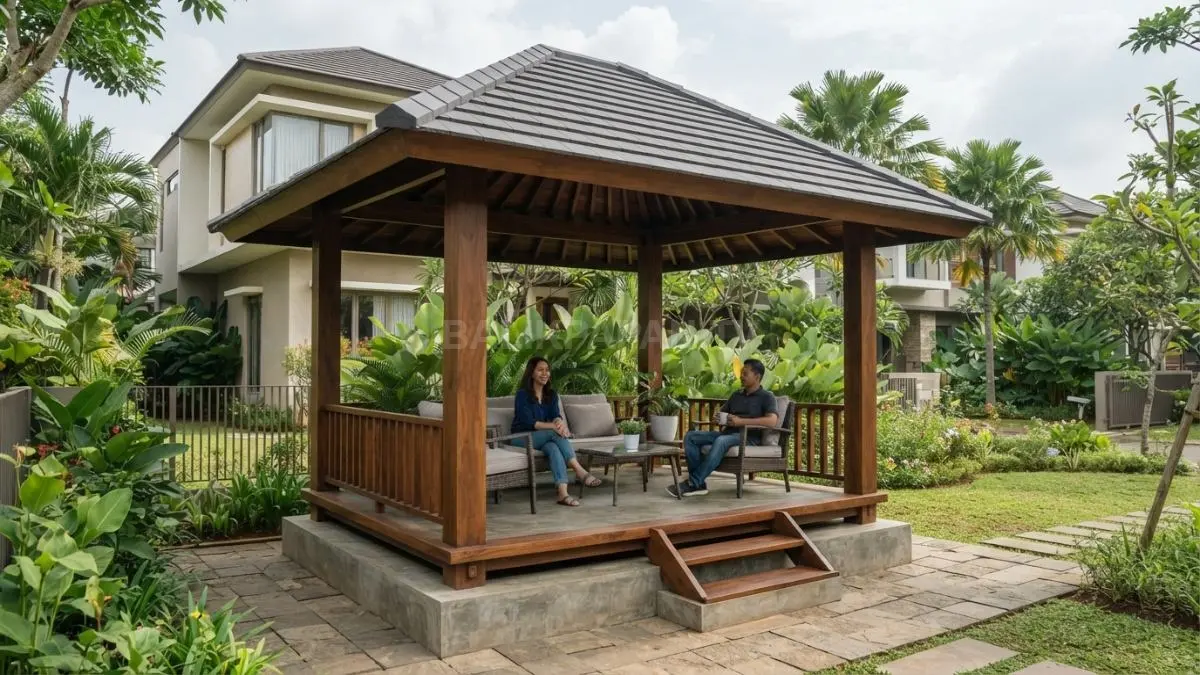 Gazebo kayu berdiri kokoh di halaman rumah dengan atap lebar dan pondasi beton yang kuat. (BTV/AI)