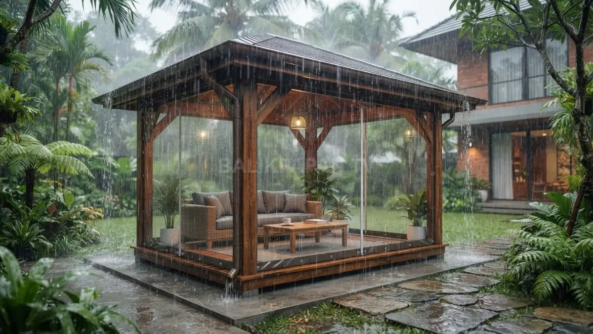 Gazebo kayu di taman rumah dilapisi pelindung khusus untuk menghadapi cuaca tropis dan hujan. (BTV/AI)