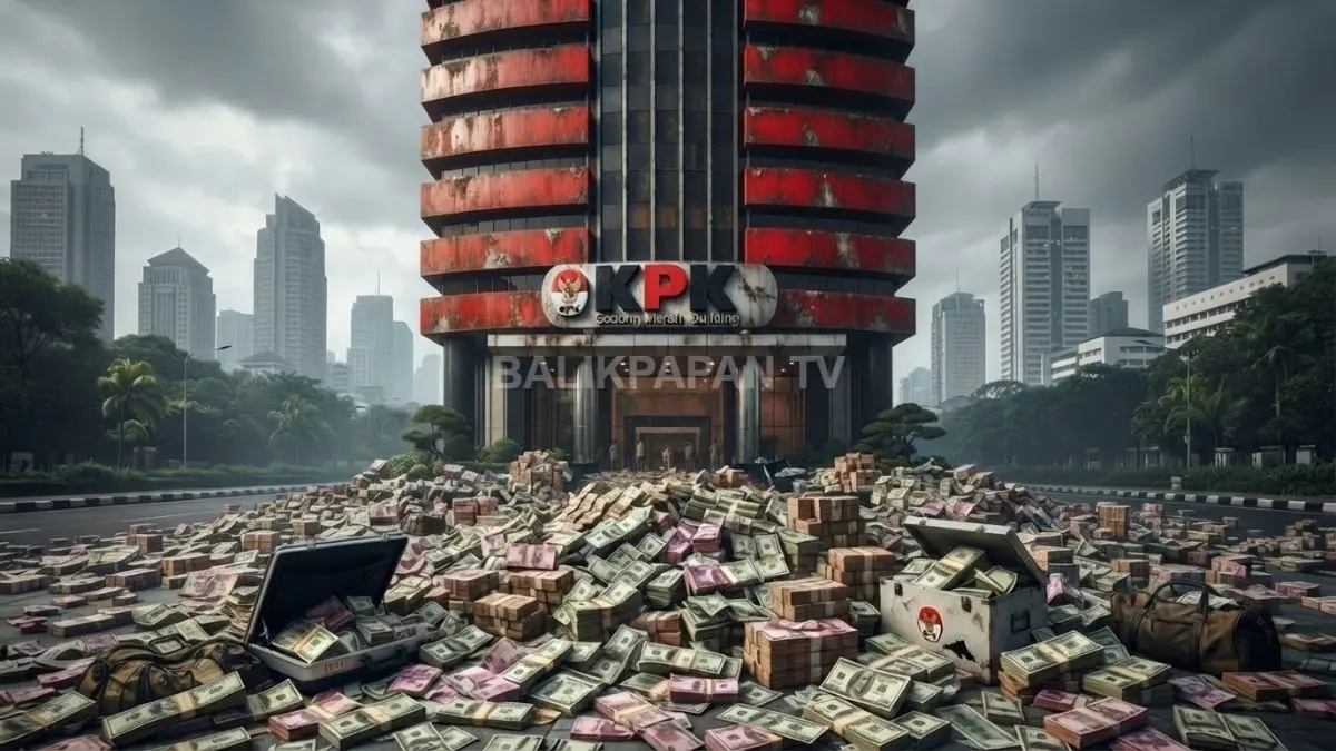 Ilustrasi gedung KPK dan Tumpukan uang kasus Febrie Adriansyah