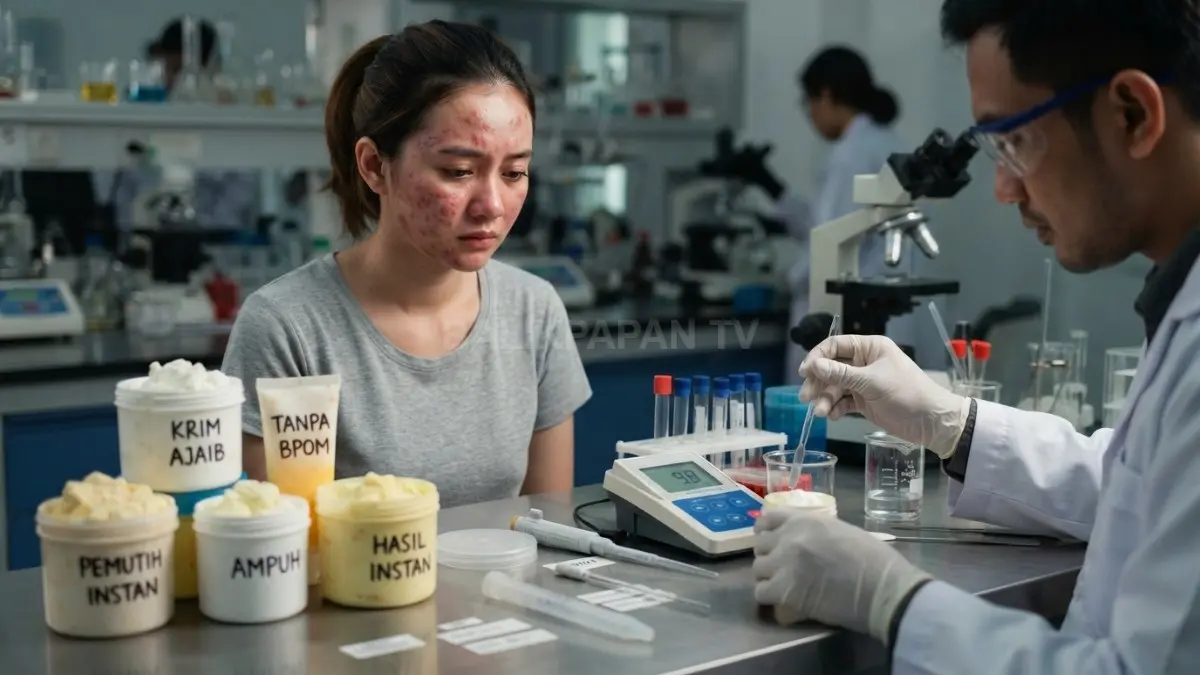 Ilustrasi kemasan krim kosmetik ilegal tanpa label resmi berdampingan dengan alat uji laboratorium kimia. (BTV/Ai)