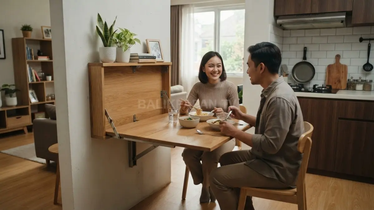 Inspirasi ruang makan minimalis menampilkan penggunaan meja lipat dinding berbahan kayu alami yang terpasang rapi di samping dapur. (BTV/Ai)