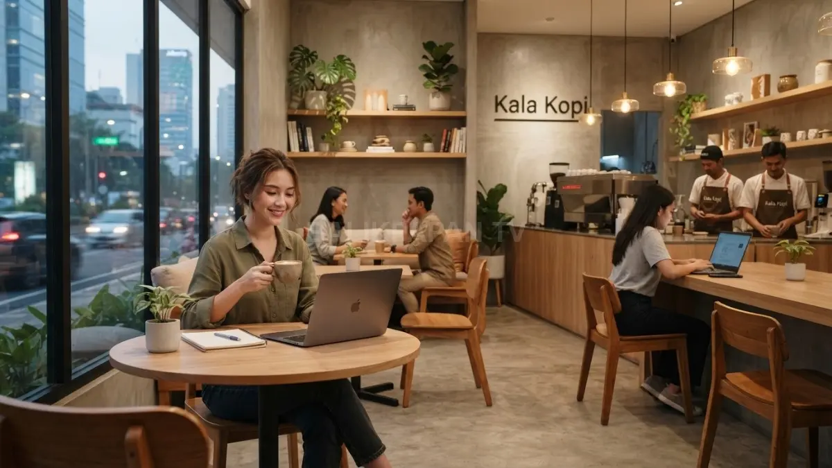 Interior kafe minimalis memadukan kayu alami, pencahayaan hangat, dan desain estetik untuk kenyamanan pengunjung maksimal (BTV/AI)
