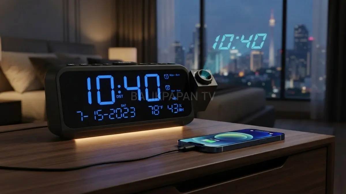 Jam alarm proyeksi menjadi salah satu perangkat baru yang diperkenalkan dengan desain modern dan fungsional.(BTV/AI) 