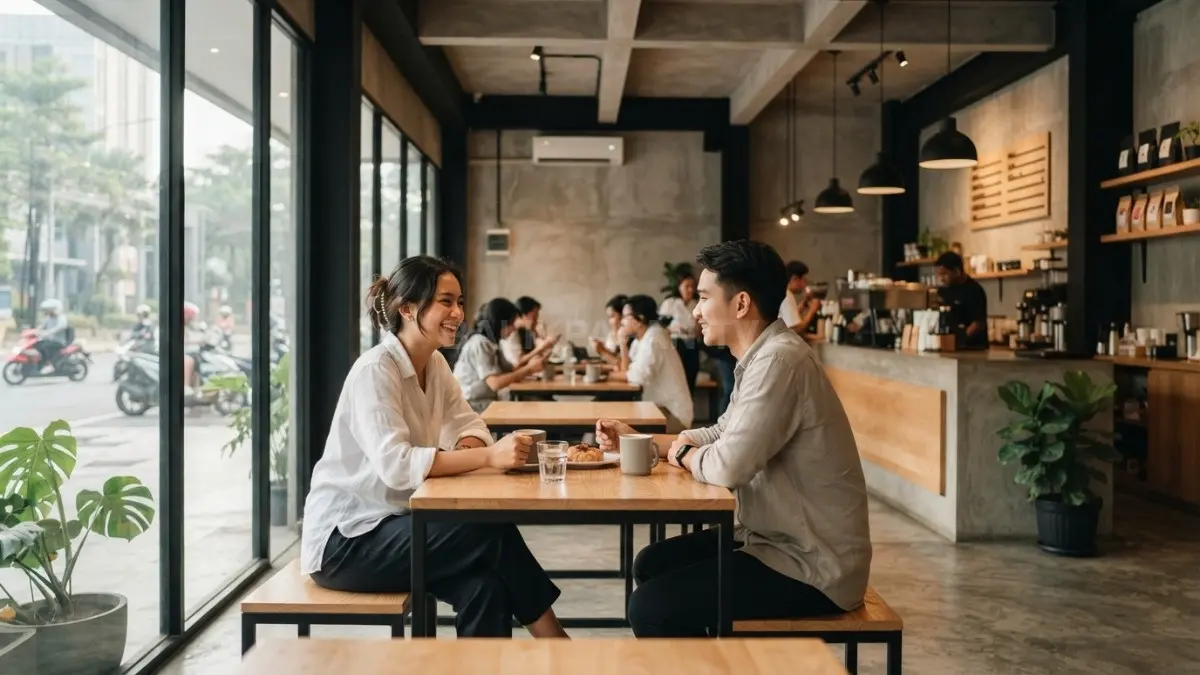 Kafe minimalis bergaya industrial memadukan beton ekspos, kayu terang, dan suasana modern nyaman fungsional elegan (BTV/AI)
