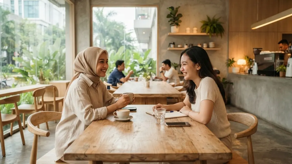 Kafe minimalis bergaya Japandi menghadirkan nuansa hangat, estetis, nyaman, dan fungsional dengan material kayu alami (BTV/AI)
