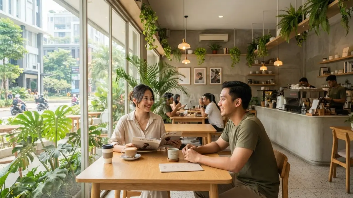 Kafe minimalis bergaya tropical menghadirkan tanaman hijau, cahaya alami, dan suasana modern nyaman menyegarkan pengunjung (BTV/AI)
