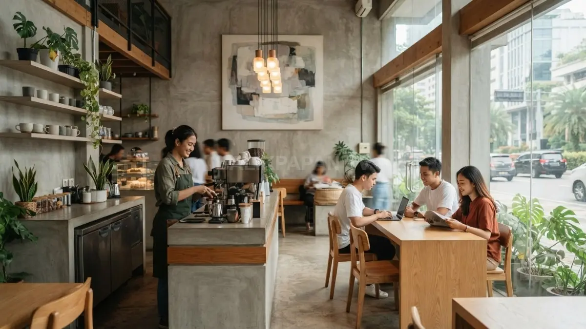 Kafe minimalis memadukan desain modern, furnitur fungsional, tanaman hijau, dan suasana nyaman berestetika untuk pengunjung (BTV/AI)
