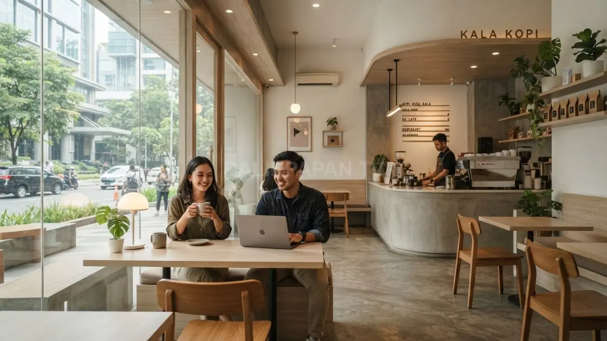 Kafe minimalis memadukan desain modern, pencahayaan hangat, furnitur fungsional, dan dekorasi sederhana yang estetis nyaman (BTV/AI)
