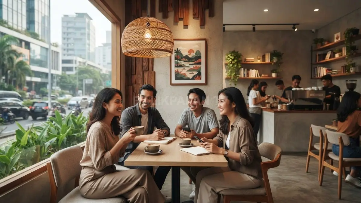 Kafe minimalis memadukan desain modern, sentuhan lokal, material alami, dan suasana nyaman berkarakter estetik fungsional (BTV/AI)
