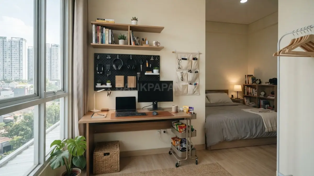Kamar kos minimalis memanfaatkan pegboard, rak dinding, dan organizer gantung untuk menciptakan ruang yang rapi dan multifungsi. (BTV/AI)