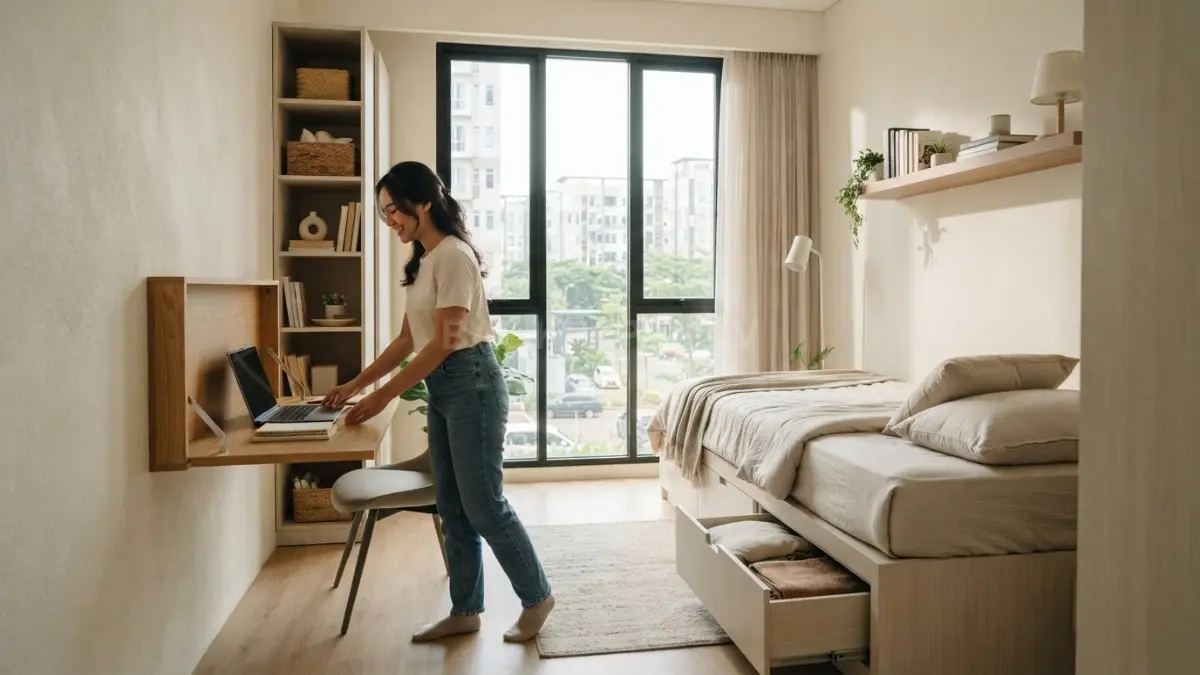 Kamar minimalis memanfaatkan furnitur multifungsi, pencahayaan alami, dan penyimpanan efisien agar terasa lega serta nyaman (BTV/AI)
