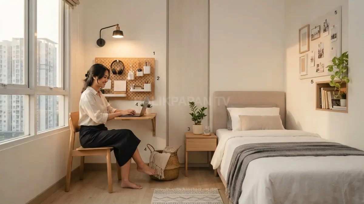 Kamar minimalis memanfaatkan perabot multifungsi, dekorasi sederhana, dan penyimpanan efisien agar tetap rapi serta nyaman (BTV/AI)
