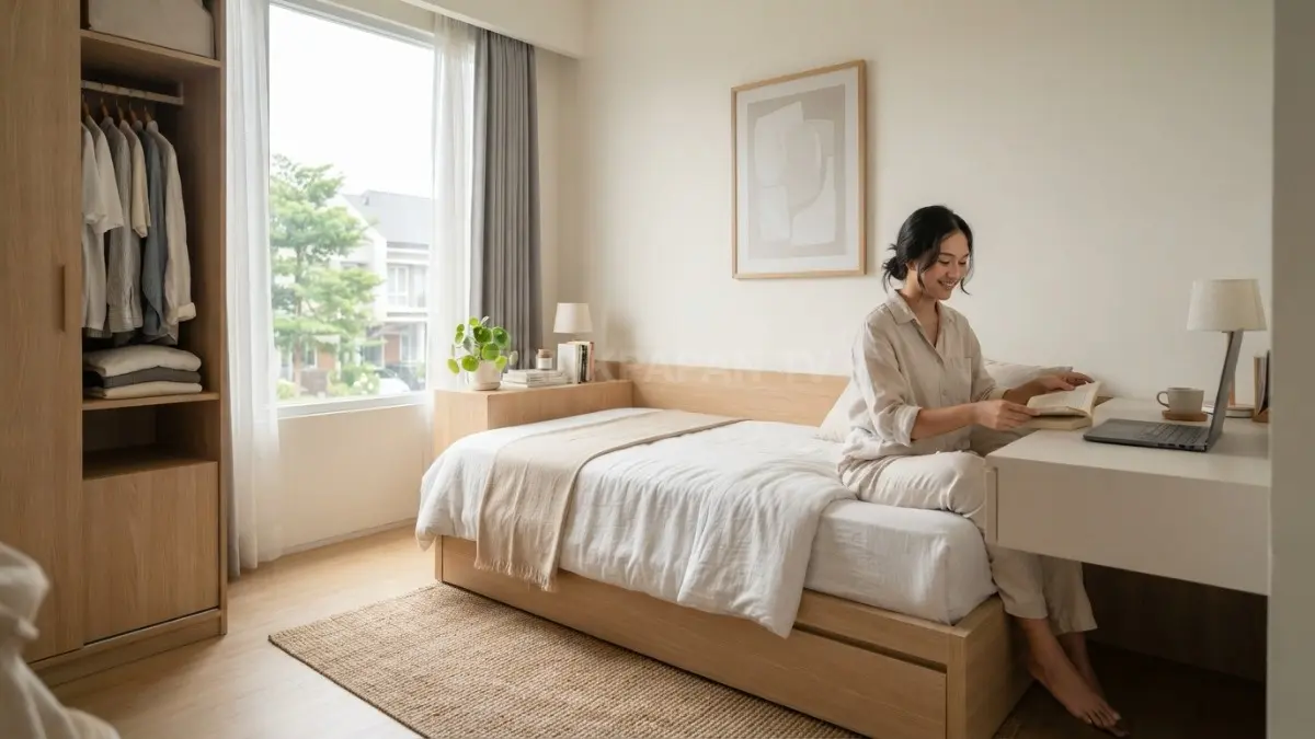 Kamar minimalis terasa elegan dengan perabot multifungsi, warna netral, dan dekorasi sederhana yang efisien nyaman (BTV/AI)
