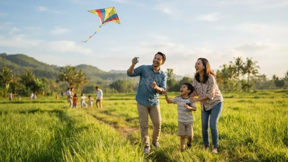 Keluarga bermain layangan bersama di lapangan mempererat hubungan antargenerasi melalui kebersamaan dan komunikasi yang hangat [BTV:AI]