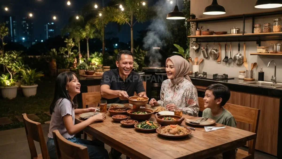 Keluarga menikmati waktu bersama di dapur outdoor yang dilengkapi meja makan dan pencahayaan hangat pada malam hari. (BTV/AI)