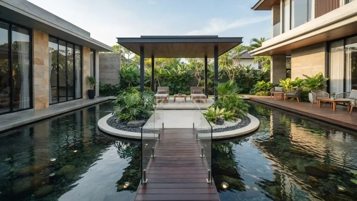 Kolam dengan pulau tengah menciptakan titik fokus elegan, mempercantik lanskap vila dan hunian premium modern. (BTV/AI)