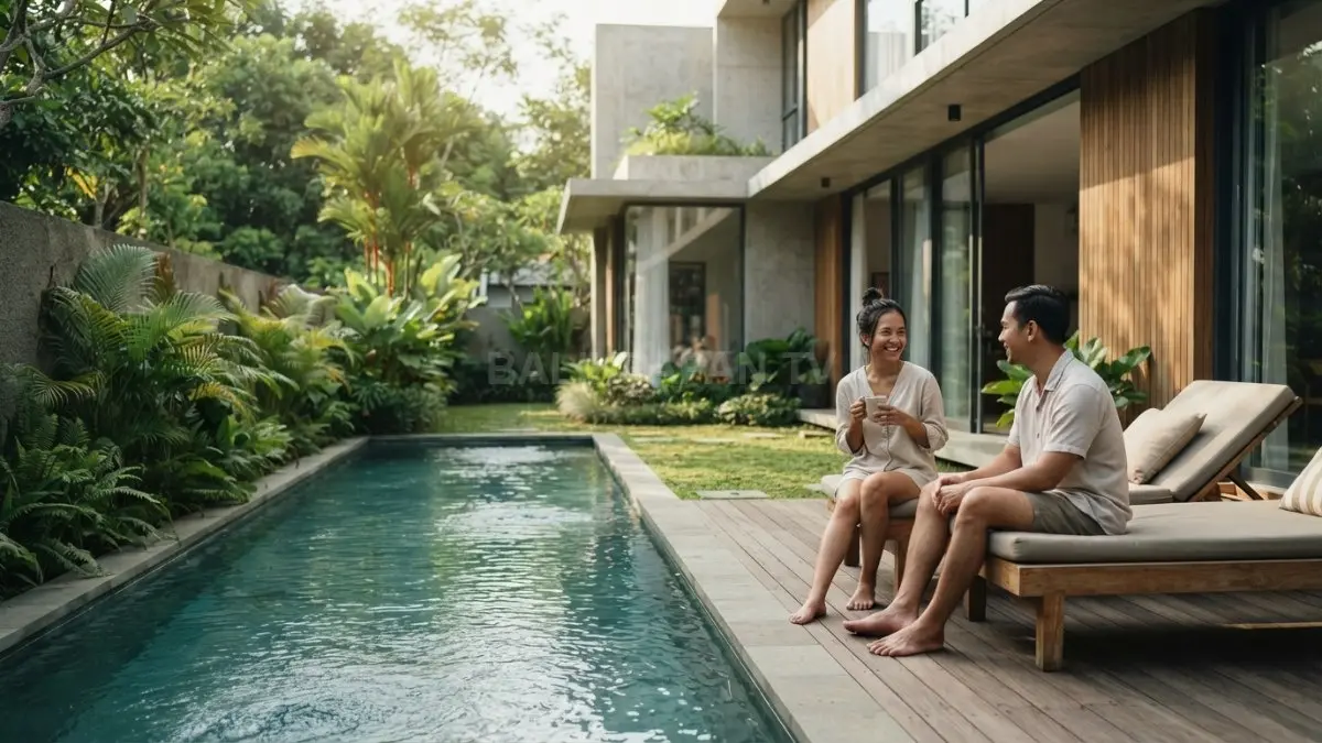 Kolam di halaman belakang rumah berpadu taman kecil, dek kayu, menghadirkan privasi dan suasana tenang (BTV/AI)
