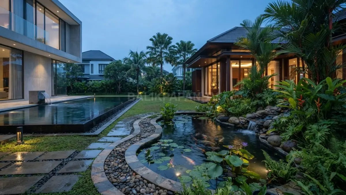 Kolam ikan bergaya modern dan tropis elegan memperkuat karakter hunian sekaligus menghadirkan suasana tenang alami di rumah. (BTV/AI)