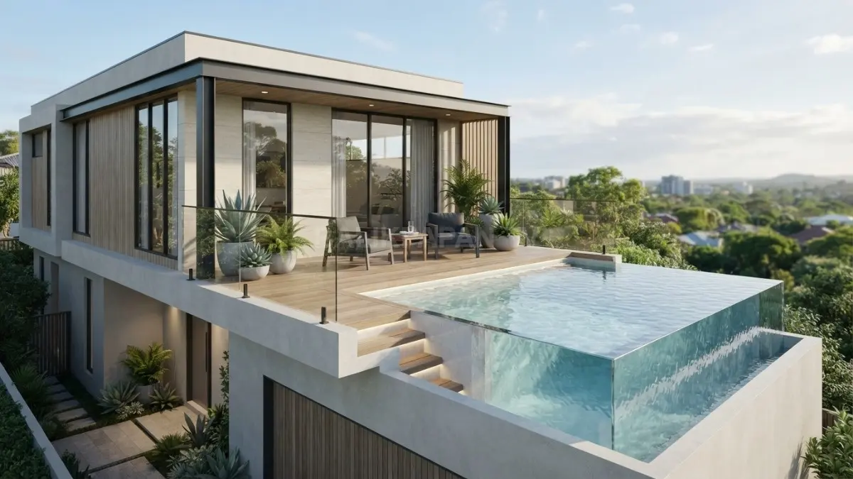 Kolam linear berkonsep infinity edge mini menghadirkan kesan elegan, modern, dan hemat ruang pada hunian minimalis (BTV/AI)

