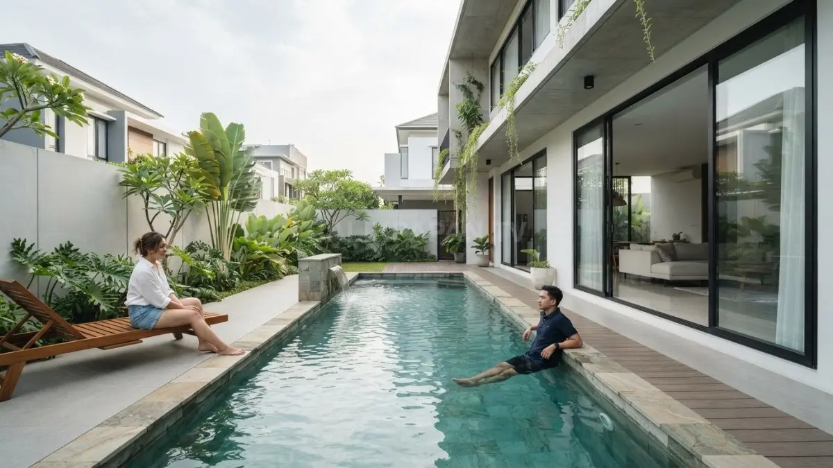 Kolam linear di samping bangunan menghadirkan pencahayaan alami, kesan luas, dan suasana hunian lebih nyaman (BTV/AI)
