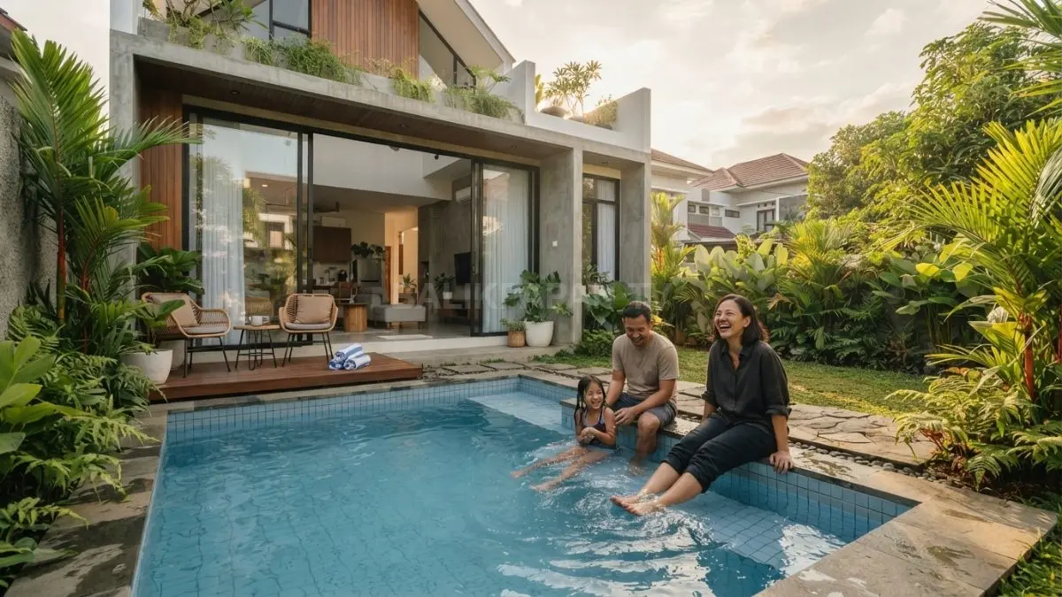 Kolam linear di samping rumah menghadirkan desain efisien, nyaman, modern, dan menyatu dengan aktivitas keluarga (BTV/AI)
