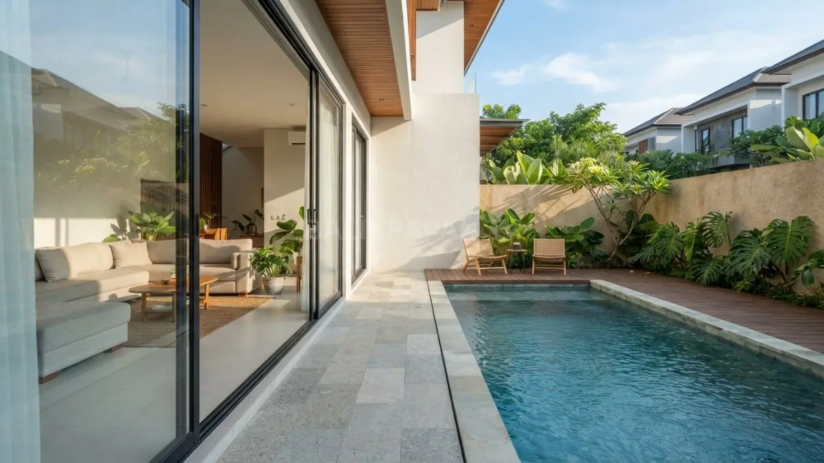 Kolam linear di samping rumah menghadirkan pencahayaan optimal, sirkulasi nyaman, dan kesan ruang lebih luas alami (BTV/AI)
