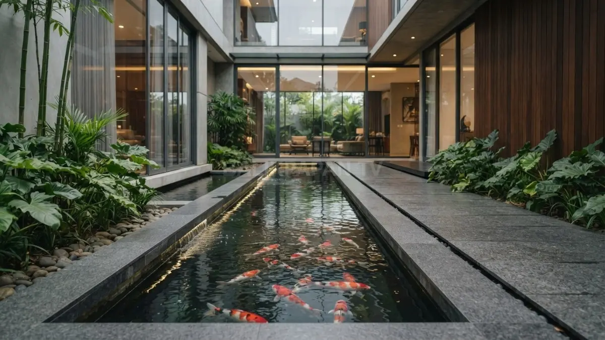 Kolam linear memanjang menghadirkan refleksi elegan, memperluas visual hunian, sekaligus mempercantik fasad modern pada malam hari (BTV/AI)