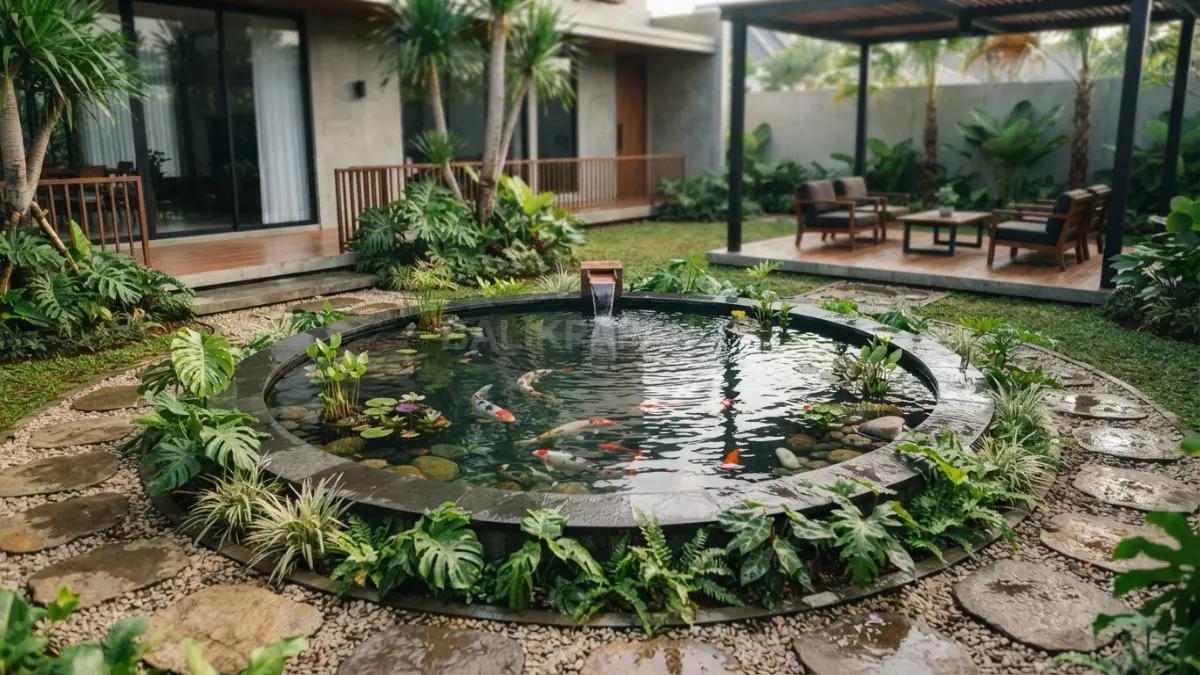 Kolam lingkaran menciptakan fokus visual harmonis, memperkuat estetika taman sekaligus menghadirkan suasana seimbang dan menenangkan alami. (BTV/AI)