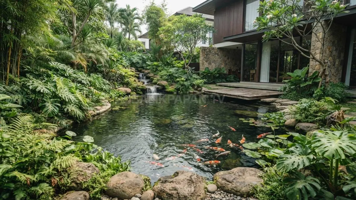 Kolam organik bergaris melengkung menghadirkan nuansa alami, menyatu harmonis dengan taman tropis yang menenangkan setiap pandangan indah. (BTV/AI)