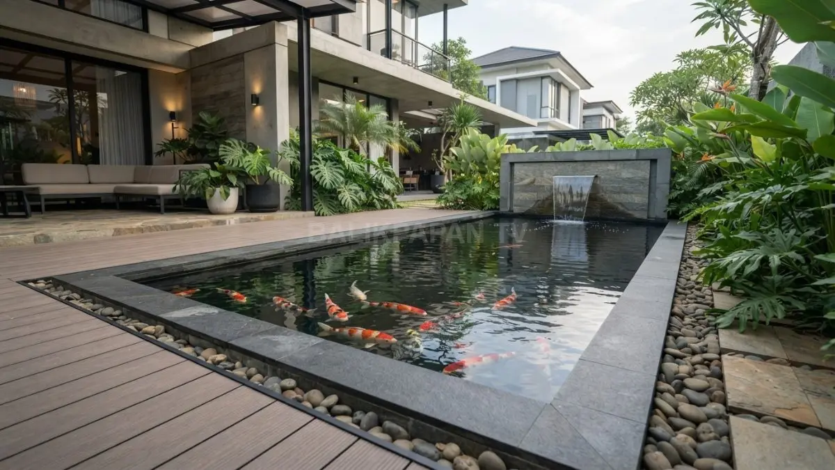 Kolam persegi panjang menghadirkan tampilan rapi, modern, mudah dirawat, sekaligus menyatu harmonis dengan desain hunian minimalis. (BTV/AI)