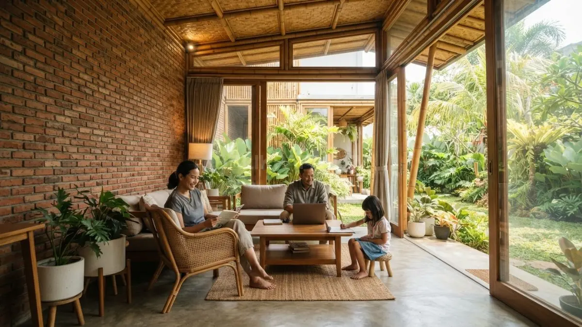 
Kombinasi bambu dan bata ekspos menciptakan rumah tropis yang nyaman sepanjang hari. (BT/AI)