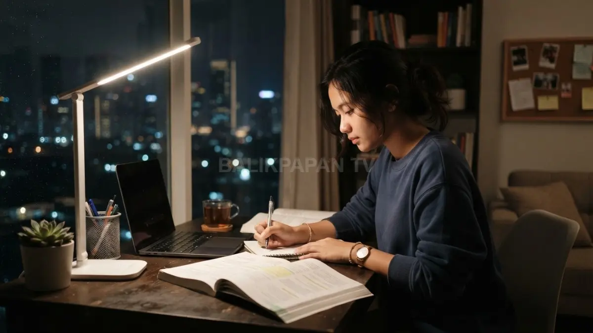 Lampu meja LED dengan cahaya netral menciptakan suasana belajar yang nyaman pada malam hari. (BTV/AI)