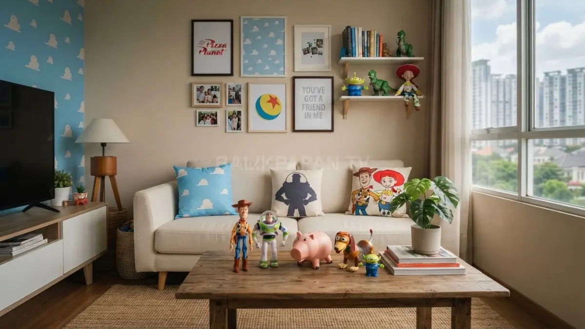 Nuansa nostalgia Toy Story hadir melalui warna lembut, dekorasi personal, menciptakan rumah hangat tanpa kesan kekanak-kanakan berlebihan. (BTV/AI)